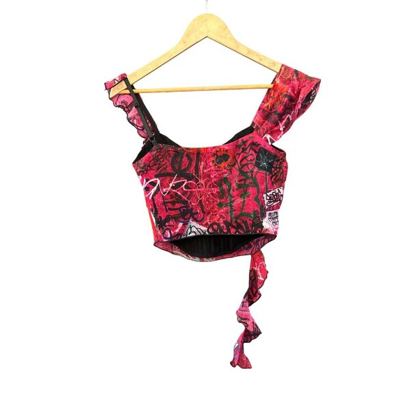 Dolls Kill Current Mood Pink Graffiti Bustier Top Size Small Asymmetrical Grunge - Picture 3 of 7